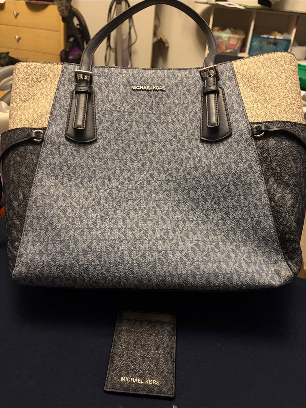 Michael Kors Tri-Panel Logo Tote in Navy, Blue & Cream and mk logo card holder